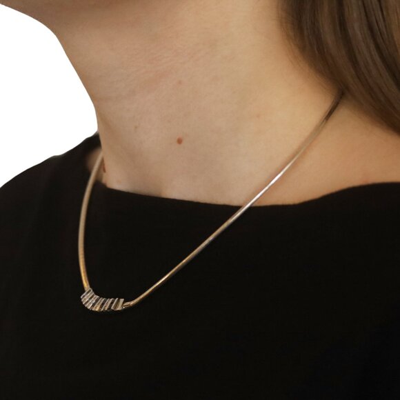 White Gold Sapphire Diamond Curved Station Necklace - 14k Princess 1.58ctw - Picture 4 of 6